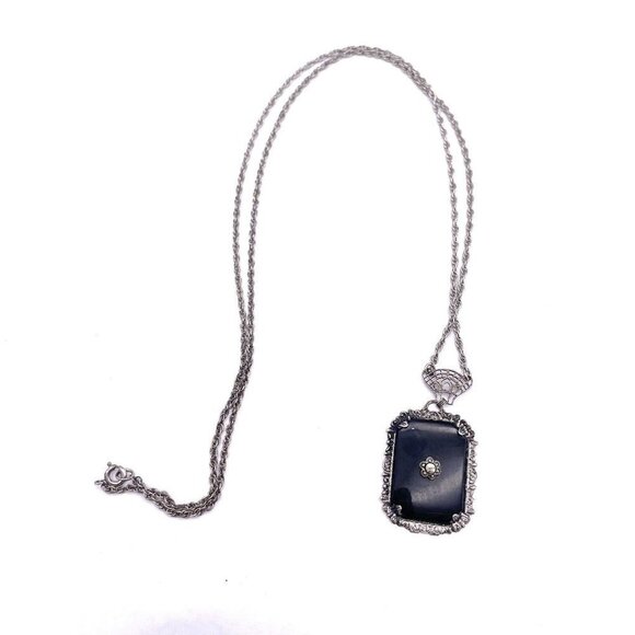 Art Deco 925 Sterling Silver Gemstone Filigree Pendant Chain Necklace 28  in - Picture 2 of 5